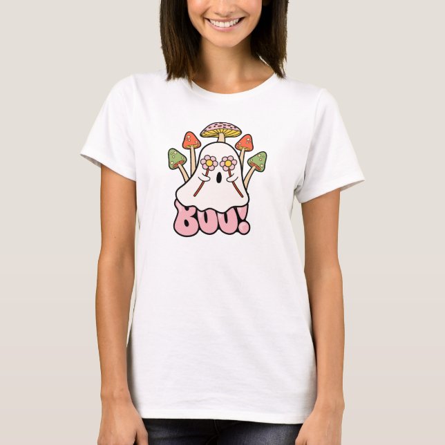 Groovy Retro Mashrooms Halloween Boo Ghost Cute  T-Shirt (Front)