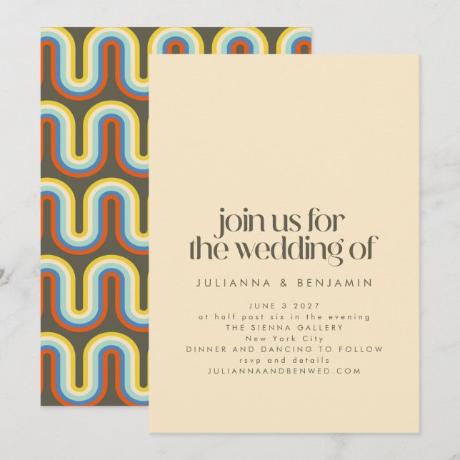 Groovy Retro Mod 70s Aesthetic Olive Green Wedding Invitation (Front/Back)