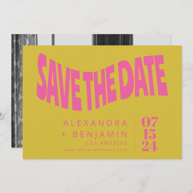 Groovy Retro Mod Unique Pink Yellow Photo Save The Date (Front/Back)