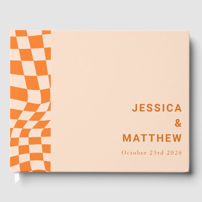 Groovy Retro Orange Abstract Check Wedding Custom  Guest Book (Front)