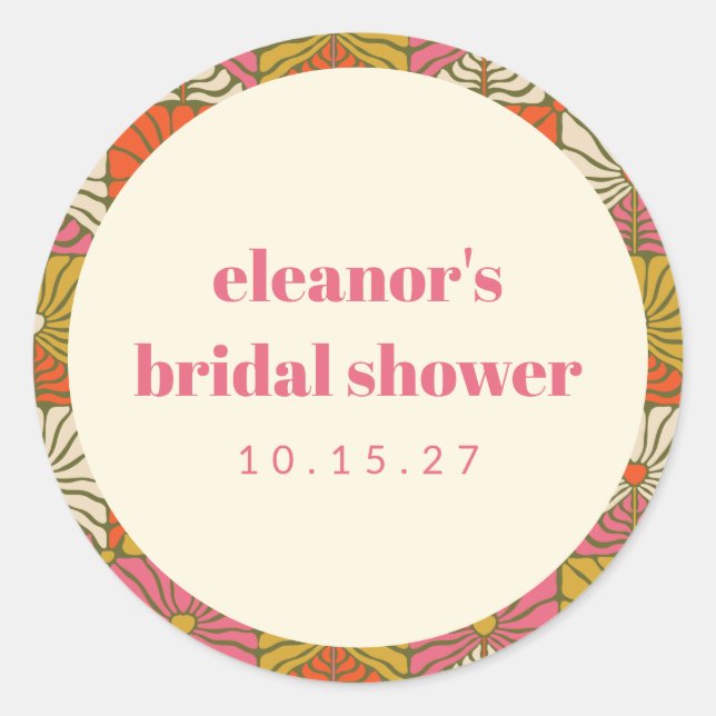 Groovy Retro Orange Botanical Bridal Shower Custom Classic Round Sticker (Front)