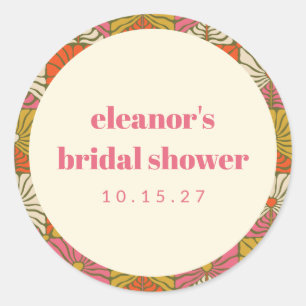 Groovy Retro Orange Botanical Bridal Shower Custom Classic Round Sticker