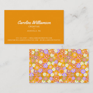 Groovy Retro Orange Botanical Flowers Trendy Business Card