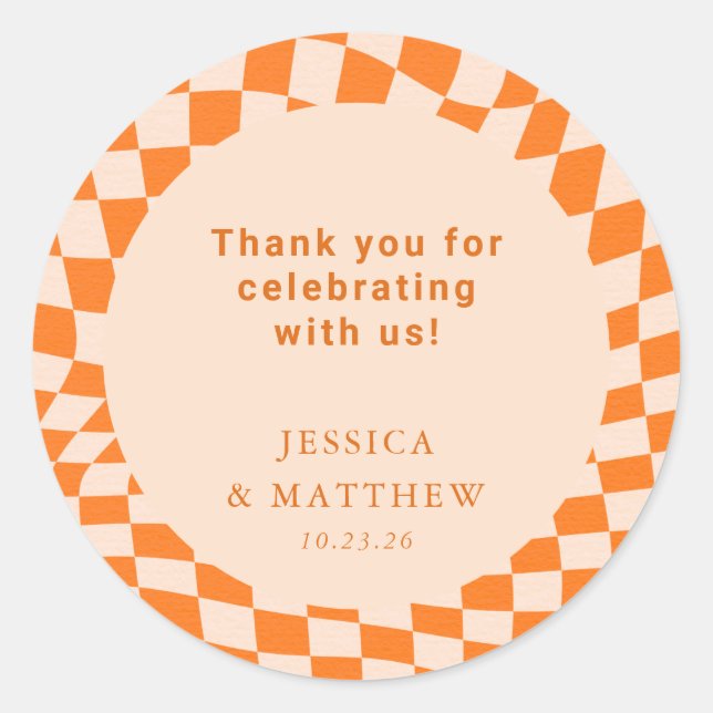 Groovy Retro Orange Check Wedding Custom Thank You Classic Round Sticker (Front)