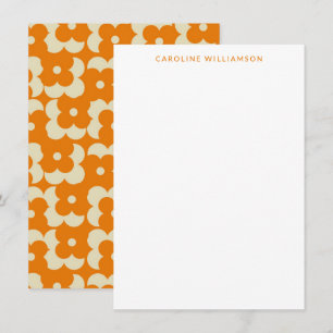 Groovy Retro Orange Floral Custom Name Stationery Card