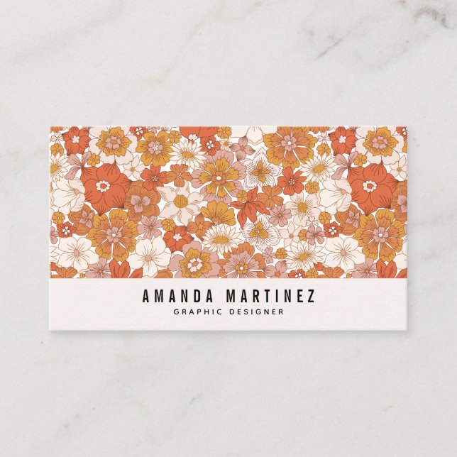 Groovy Retro Orange Floral Pattern Social Media Business Card (Front)