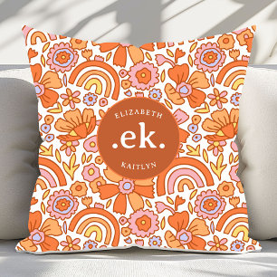  Groovy Retro Orange Florals Monogram Cushion