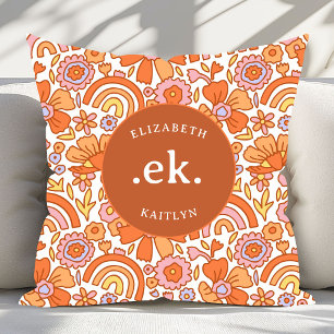 Groovy Retro Orange Florals Monogram Cushion