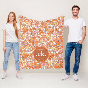  Groovy Retro Orange Florals Monogram Fleece Blanket