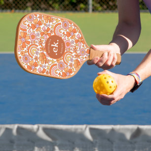 Groovy Retro Orange Florals Monogram Pickleball Paddle