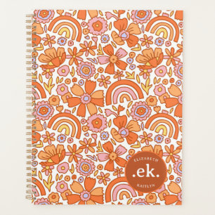 Groovy Retro Orange Florals Monogram Planner