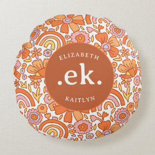 Groovy Retro Orange Florals Monogram Round Cushion