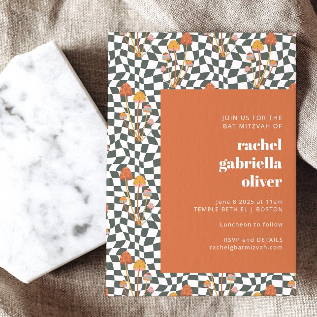 Groovy Retro Orange Green Chequerboard Bat Mitzvah Invitation (Creator Uploaded)