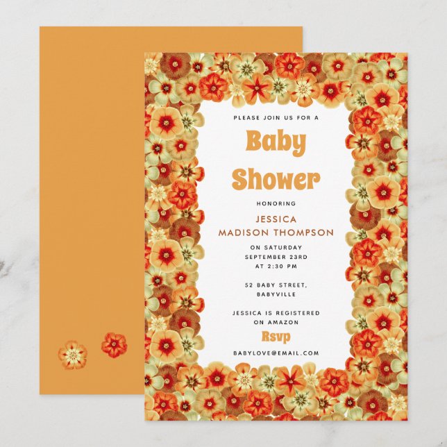 Groovy Retro Orange Hippie Flowers Baby Shower Invitation (Front/Back)