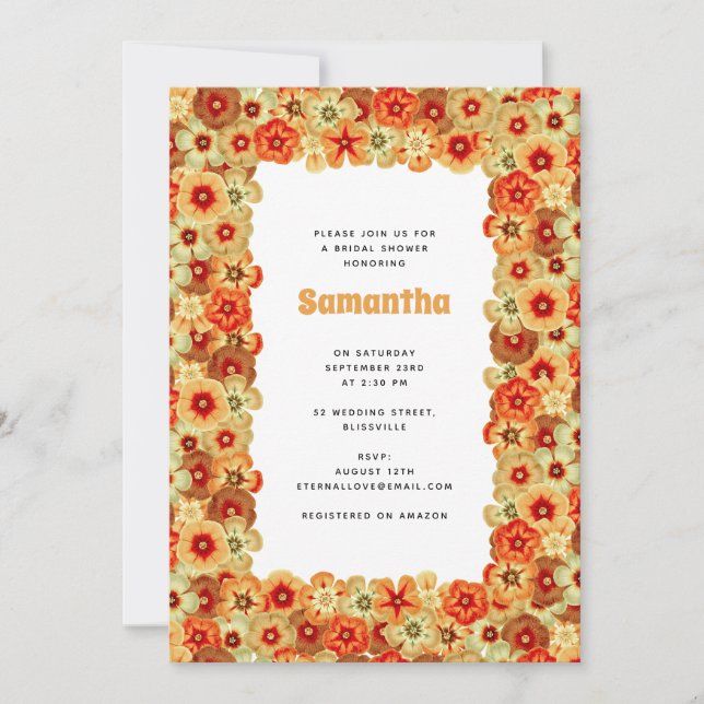 Groovy Retro Orange Hippie Flowers Bridal Shower Invitation (Front)
