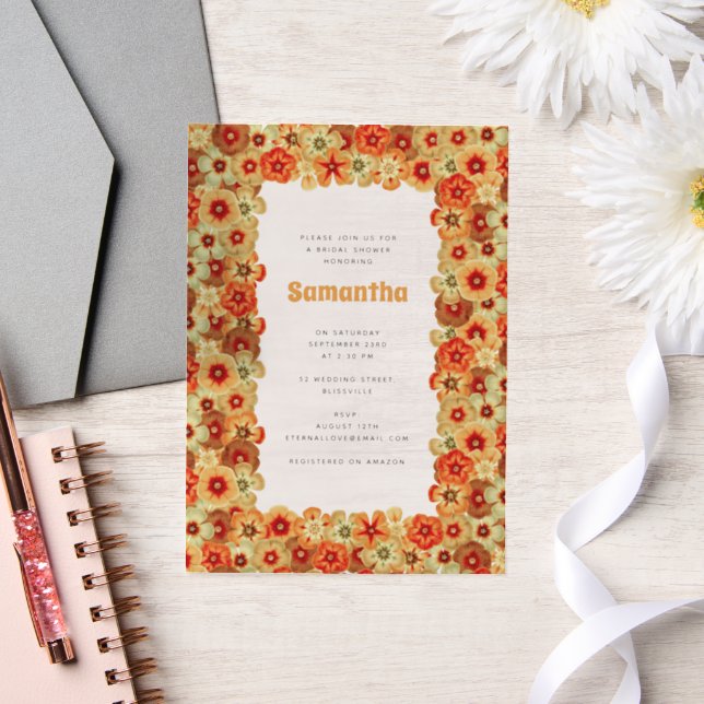 Groovy Retro Orange Hippie Flowers Bridal Shower Vellum Invitations (Wedding)