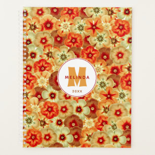 Groovy Retro Orange Hippie Flowers Monogram Planner
