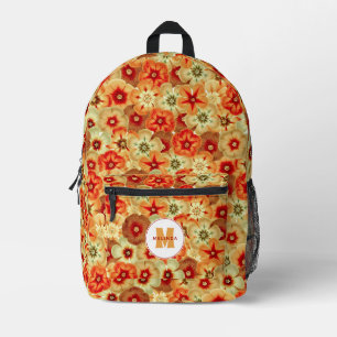 Groovy Retro Orange Hippie Flowers Monogram Printed Backpack