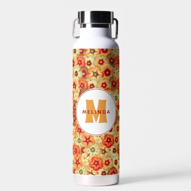 Groovy Retro Orange Hippie Flowers Monogram Water Bottle (Front)