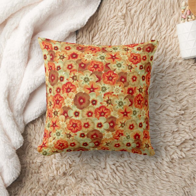 Groovy Retro Orange Hippie Flowers Pattern Cushion (Blanket)