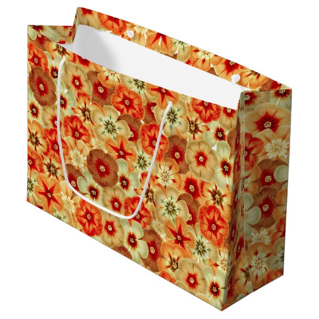 Groovy Retro Orange Hippie Flowers Pattern Large Gift Bag (Front Angled)