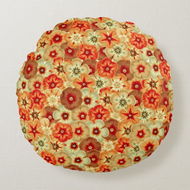 Groovy Retro Orange Hippie Flowers Pattern Round Cushion (Front)