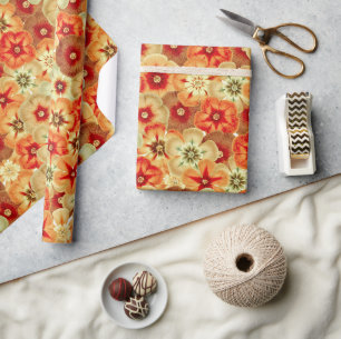 Groovy Retro Orange Hippie Flowers Pattern Wrapping Paper