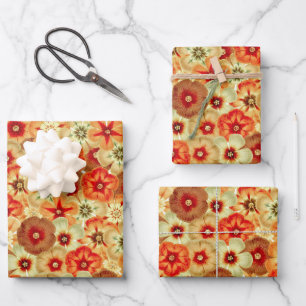 Groovy Retro Orange Hippie Flowers Pattern Wrapping Paper Sheet