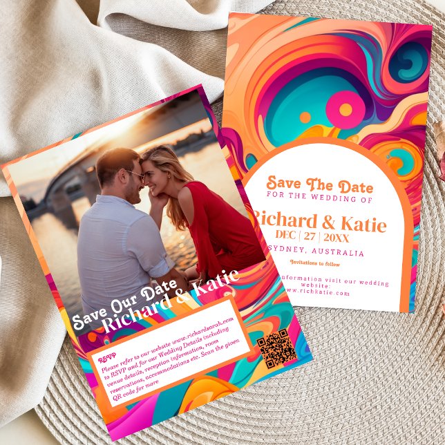 Groovy Retro Orange pink abstract save the date  Invitation (Creator Uploaded)