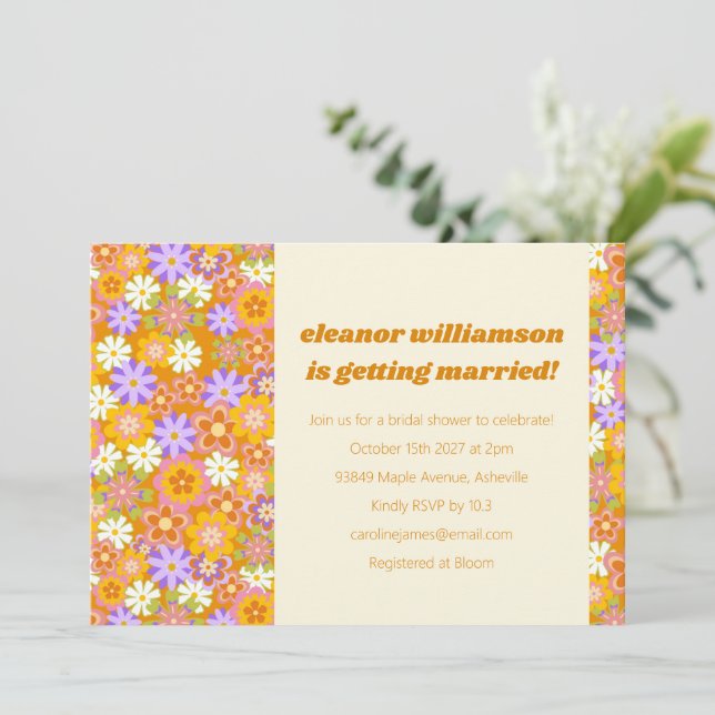 Groovy Retro Orange Purple Floral Bridal Shower Invitation (Standing Front)