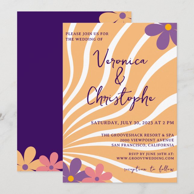 Groovy Retro Orange Purple Floral Wedding Invitation (Front/Back)