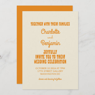 Groovy Retro Orange Typography Minimalist Wedding Invitation