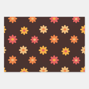 Groovy Retro Orange Yellow Red Flowers Wrapping Paper Sheet