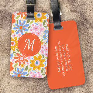 Groovy Retro Pattern Floral Monogram Luggage Tag