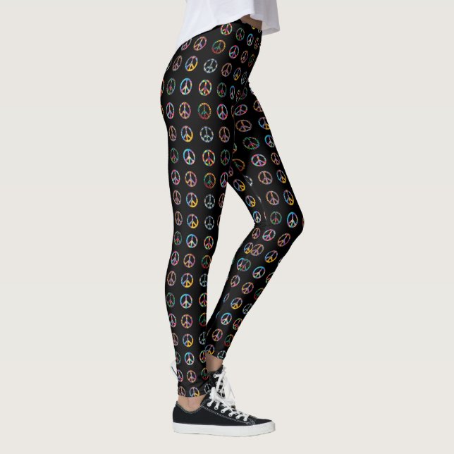 Groovy Retro Peace Signs on Black Leggings (Right)