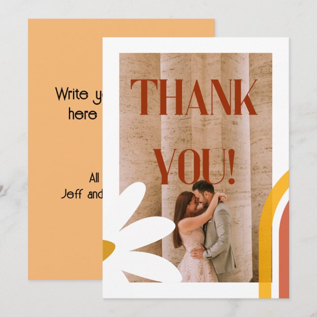 Groovy Retro Photo Flower Power Wedding Thank You Card (Front/Back)