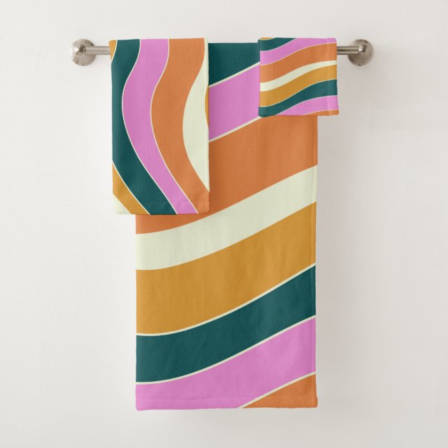Groovy Retro Pink and Green Wavy Lines  Bath Towel Set (Insitu)