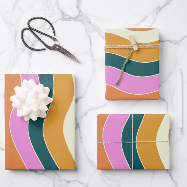 Groovy Retro Pink and Green Wavy Lines Wrapping Paper Sheet (Front)