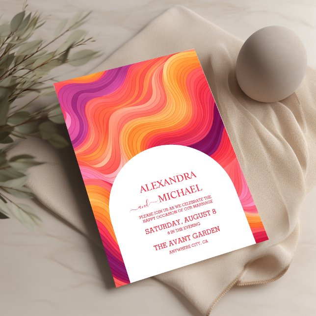 Groovy Retro Pink and Orange Arch Wedding Invitation (Creator Uploaded)