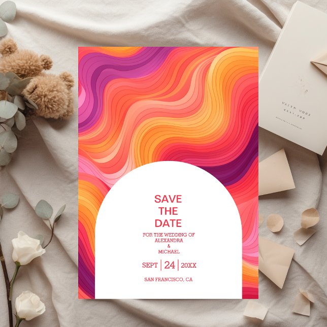 Groovy Retro Pink and Orange Arch Wedding Save The Date (Creator Uploaded)