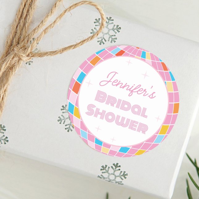 Groovy Retro Pink Disco Ball 70s 80s Bridal Shower Classic Round Sticker (Creator Uploaded)