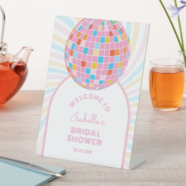 Groovy Retro Pink Disco Ball Bridal Shower Welcome Pedestal Sign (In SItu)