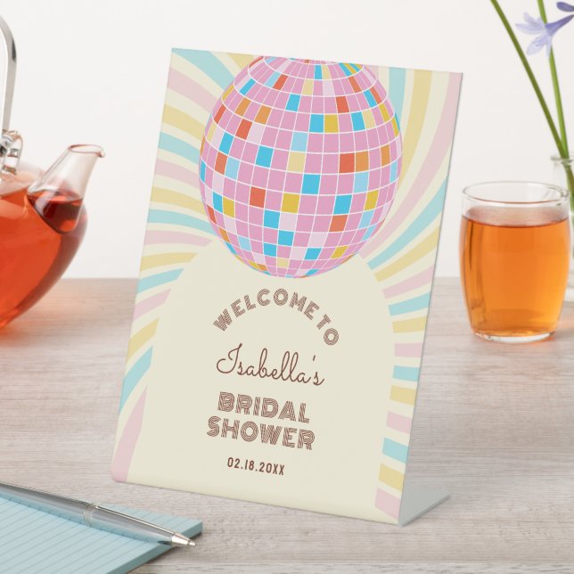 Groovy Retro Pink Disco Ball Bridal Shower Welcome Pedestal Sign (In SItu)