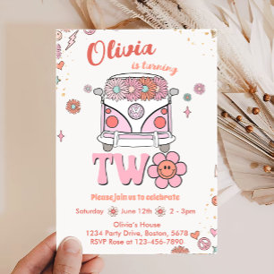 Groovy Retro Pink Flowers 2nd Birthday Invitation