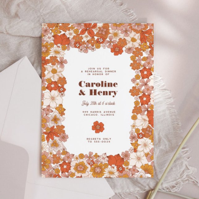 Groovy Retro Pink Orange Floral Rehearsal Dinner Invitation (Creator Uploaded)