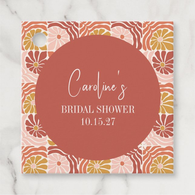 Groovy Retro Pink Rust Floral Custom Bridal Shower Favour Tags (Front)