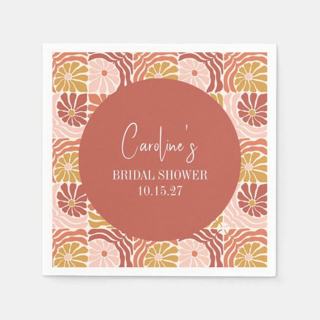 Groovy Retro Pink Rust Floral Custom Bridal Shower Napkin (Front)