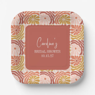 Groovy Retro Pink Rust Floral Custom Bridal Shower Paper Plate