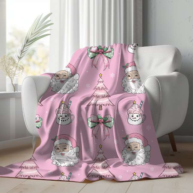 Groovy Retro Pink Santa Claus Wink Sherpa Blanket (Groovy Retro Pink Santa Claus Wink Sherpa Blanket, draped over white couch)