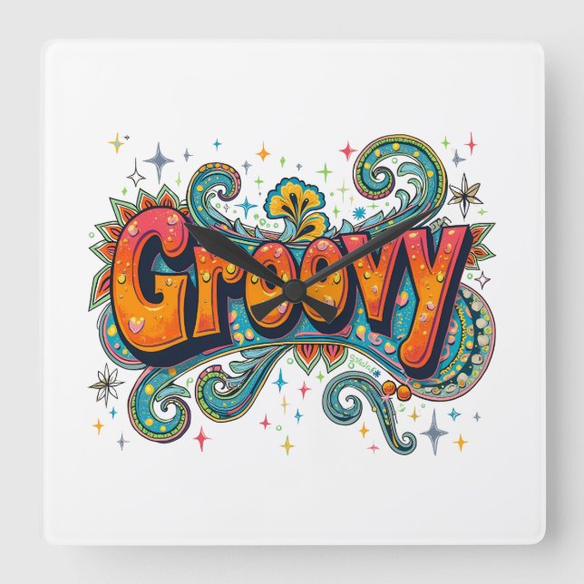 Groovy Retro Psychedelic 70s Funky Hippie Art Square Wall Clock (Front)
